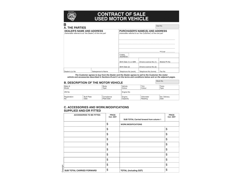 used vehicle sales contract without cooling off period 1 pack