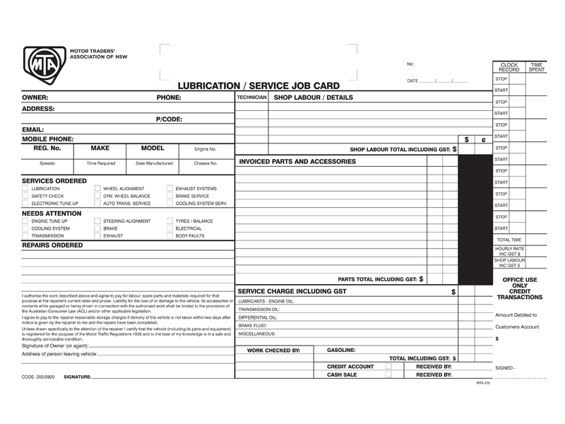 lube service invoice and job card 1 pack mta nsw job card